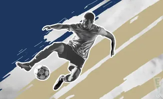 A soccer player in mid-air, kicking a soccer ball, against a blue and beige background with diagonal stripes.