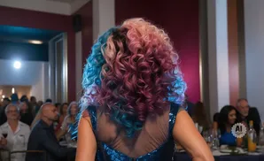 Woman with curly, pink, purple, and blue hair in a sparkly blue dress, viewed from behind at a formal event.