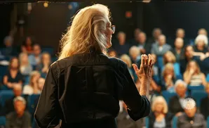 Woman with long blonde hair addresses an audience from behind, gesturing with her hand.