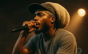 A Black man wearing a cap and knit beanie raps into a microphone, bathed in warm stage light.