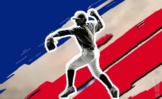 A black and white baseball pitcher in mid-throw against a red, white, and blue background.