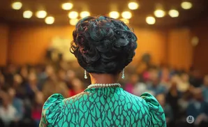 Back view of a woman with a beehive hairstyle, wearing a green patterned dress, pearl necklace, and earrings, speaking to an audience.