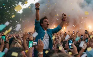 A man with arms raised cheers at a concert as confetti falls. Many in the crowd hold up smartphones.