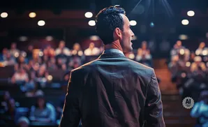 Man in suit speaking to an audience under spotlights.
