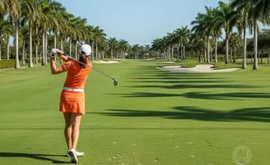 A golfer in an orange outfit swings her club on a sun-drenched golf course lined with palm trees.