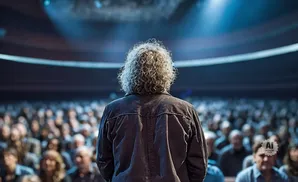 Back view of a person with curly hair standing on stage in front of a large audience.