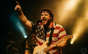 A male guitarist in an American flag shirt points to the sky while singing into a microphone.