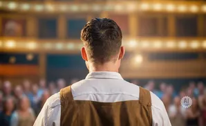 Back view of a man in a white shirt and brown vest on a stage facing a blurred audience.
