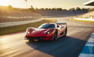 Red race car speeds around a track with spectators in the background at sunset.
