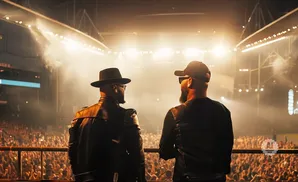 Two men in leather jackets face a large, cheering crowd under bright stage lights.