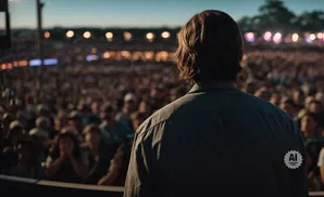 Man facing away from the camera, looking out at a large, blurry crowd at an outdoor concert.