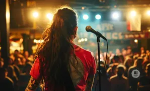 Singer with long hair performing on stage in front of a crowd, backlit by bright stage lights.