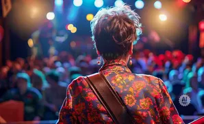 Woman in a floral jacket on stage, facing away from the camera, performs for a blurry audience.