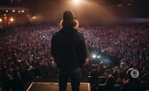 Man in a black hat and jacket stands on stage, facing a large, blurred crowd under bright stage lights.
