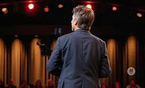 Man in a dark suit seen from behind on a stage with red lights and an audience in the background.
