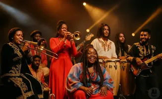 A band plays music on stage, with a trombonist, trumpeter, percussionists, and a bassist visible.