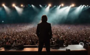 Man in suit on stage faces packed audience under spotlights.