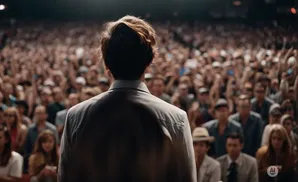 Man in suit facing a large, blurry crowd from a stage.