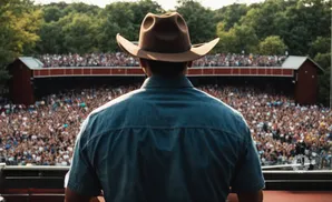 Man in cowboy hat and denim shirt looks out at a large outdoor concert crowd.