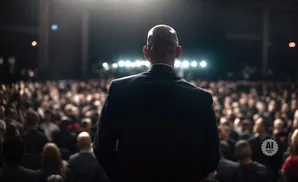 A bald man in a suit addresses a large, dimly lit audience.