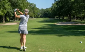 Woman swinging a golf club on a sunny golf course, with trees and sand traps in the background.