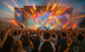 A large crowd cheers at an outdoor concert with a stage lit by colorful lights and screens displaying a large 