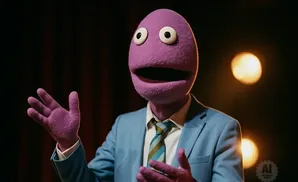 A purple puppet in a light blue suit and striped tie gestures with its hands.