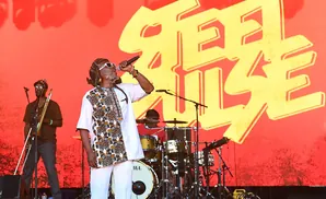 Reggae artist sings into a microphone on stage with a band, featuring a large yellow logo behind them.