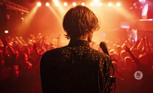 A performer sings into a microphone on a stage, facing a cheering crowd under red stage lights.