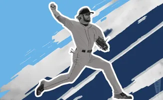 A baseball player in mid-pitch with a stylized blue and white background.