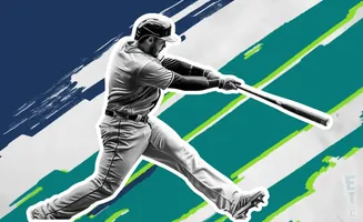 A baseball player in mid-swing against a teal, white, and blue abstract background.