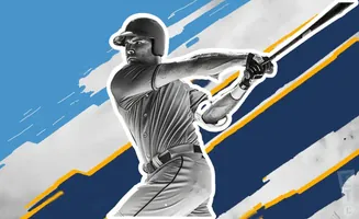 A black and white illustration of a baseball player in a batting stance against a blue, white, and yellow abstract background.