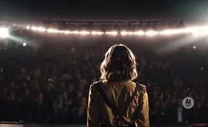 A person in a yellow jacket stands on a stage facing a large, dark audience with bright lights illuminating the background.