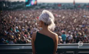 Woman with blonde hair in a bun faces away from the camera at a large outdoor concert with a crowd.