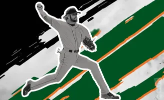 Black and white image of a baseball pitcher in mid-throw against a green, white, and orange background.