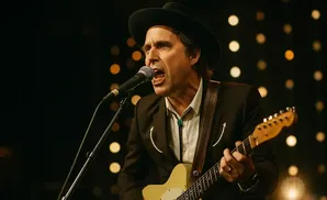 A man in a black hat and suit plays a cream-colored guitar and sings into a microphone on a stage with bokeh lights.