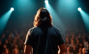 A person with long hair stands on a stage, facing an audience, bathed in blue spotlights.