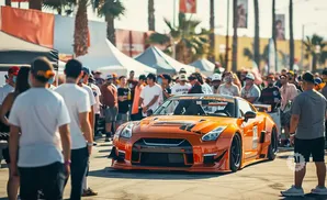 An orange Nissan GT-R sports car at an outdoor car show with a crowd of people in the background.
