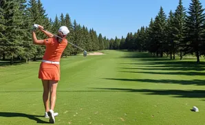 Golfer in orange swings at a tee box on a sunny day, with a tree-lined fairway ahead.