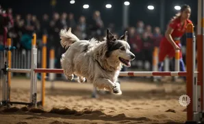 Dog jumping over a hurdle during an agility competition.