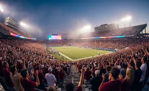 A panoramic view of a packed football stadium at dusk, with fans cheering.