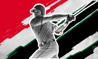 A baseball player in mid-swing with a red, green, and black abstract background.