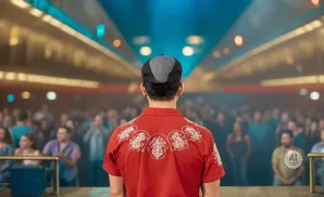 Man in red shirt and cap facing audience on stage.