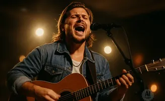 A man in a denim jacket sings and plays an acoustic guitar into a microphone.