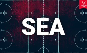 Hockey rink with red splatters and a red banner with crossed hockey sticks.