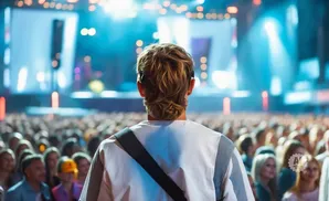 Man with headphones and a guitar strap on his shoulder facing a large concert crowd and stage.