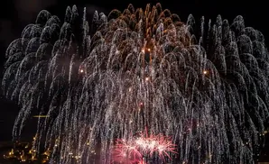 A vibrant firework display illuminates the night sky with cascading white and gold sparks.