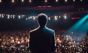 A man in a suit faces a large, blurred audience under stage lights.