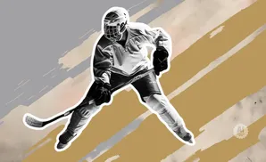 A hockey player in full gear skates with stick, set against a textured, abstract background.