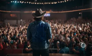A person in a cowboy hat and plaid shirt performs on stage for a cheering, blurred audience.